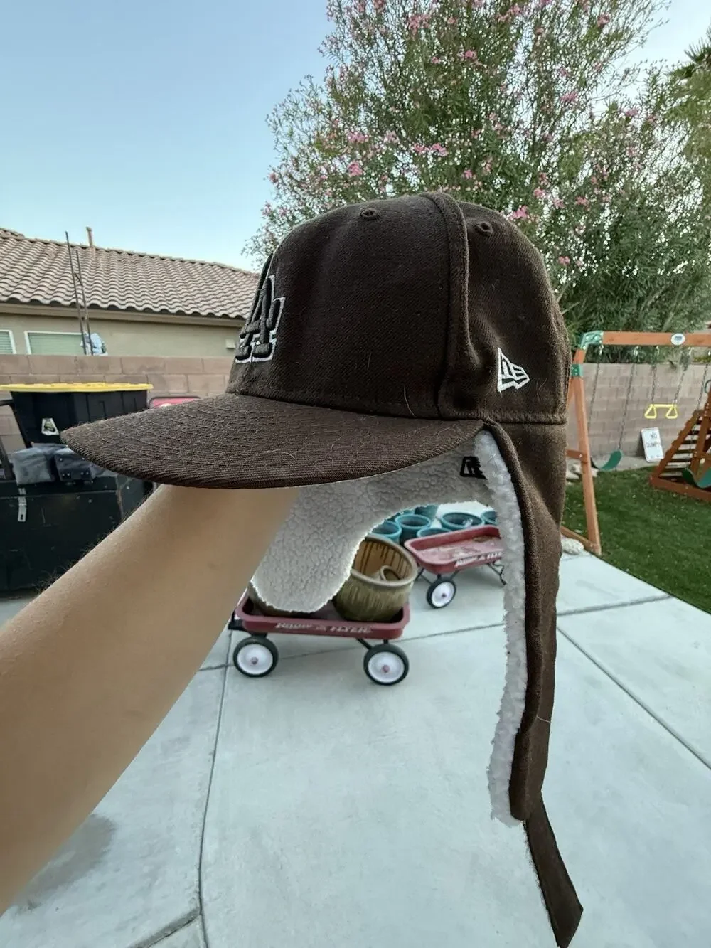 Brown New Era MLB Trapper Cap With dog Ears And White faux Sherpa Lining